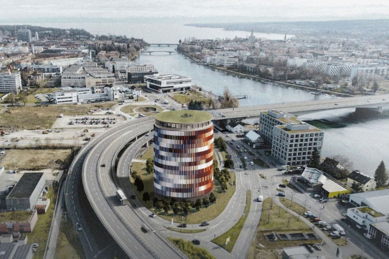 View of the Asisi Panorama Tower and the Seerhein in Constance