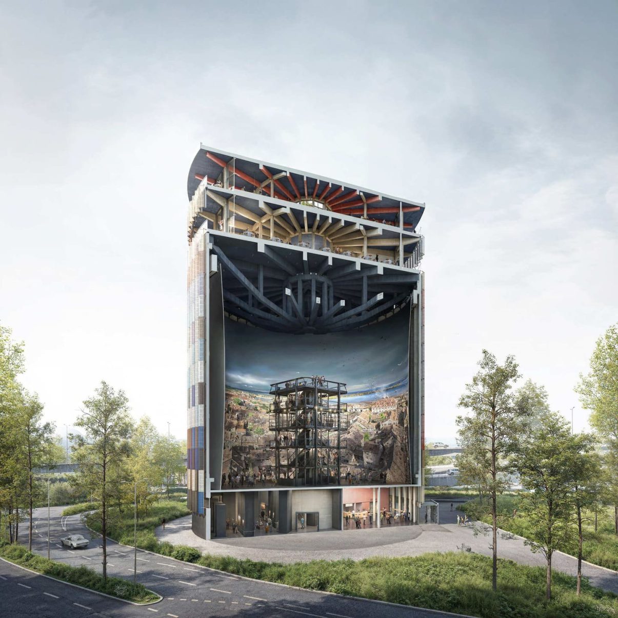 Blick auf den Asisi Panoramaturm mit einem detailreichen Stadtpanorama im Inneren