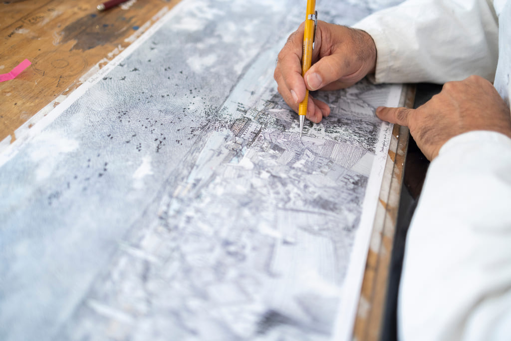 Yadegar Asisi is drawing a detailed image of medieval Constance