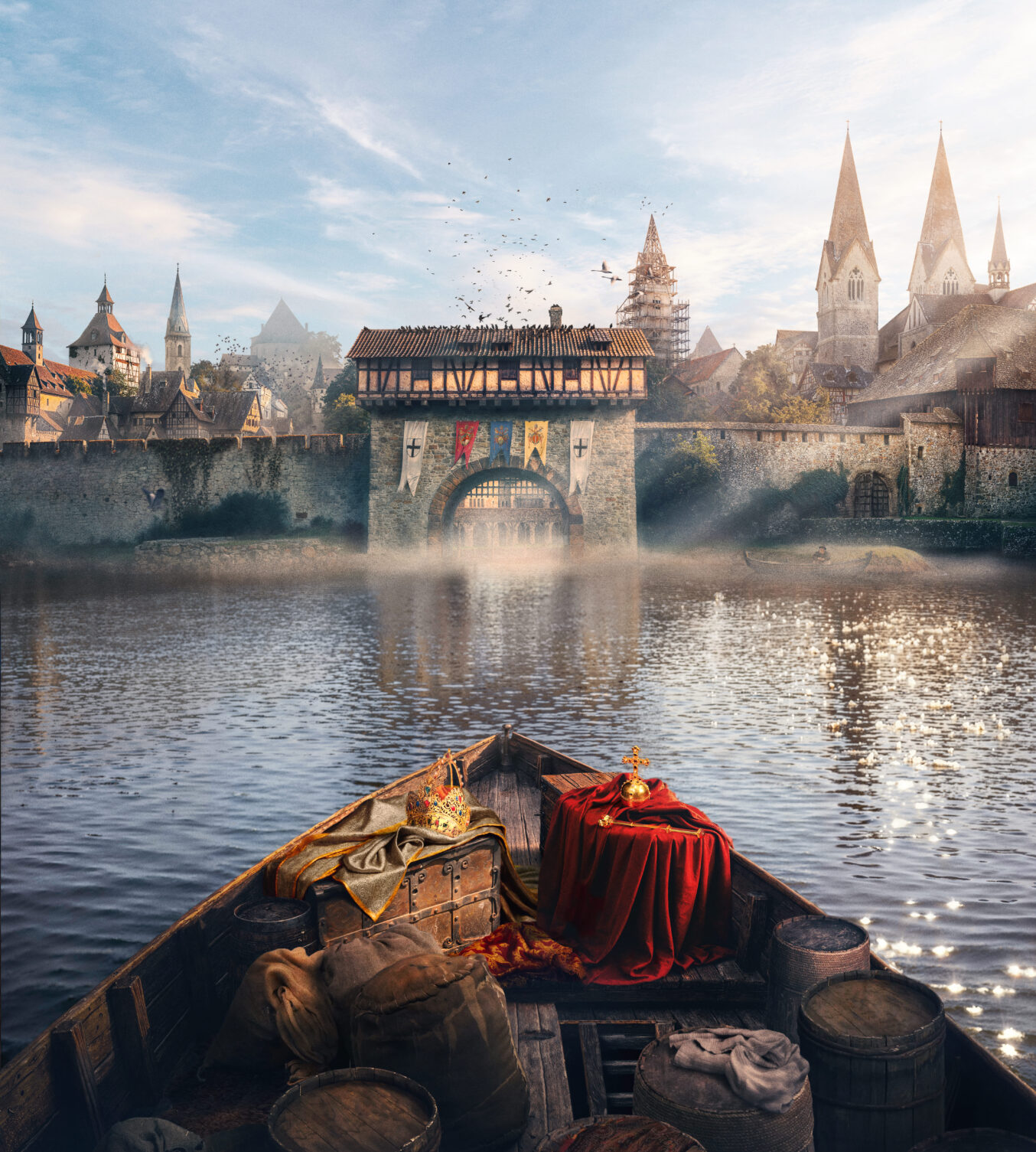Historic view of the banks of the Council of Constance from the 15th century, featuring the city wall, city gates, and a boat in the foreground.