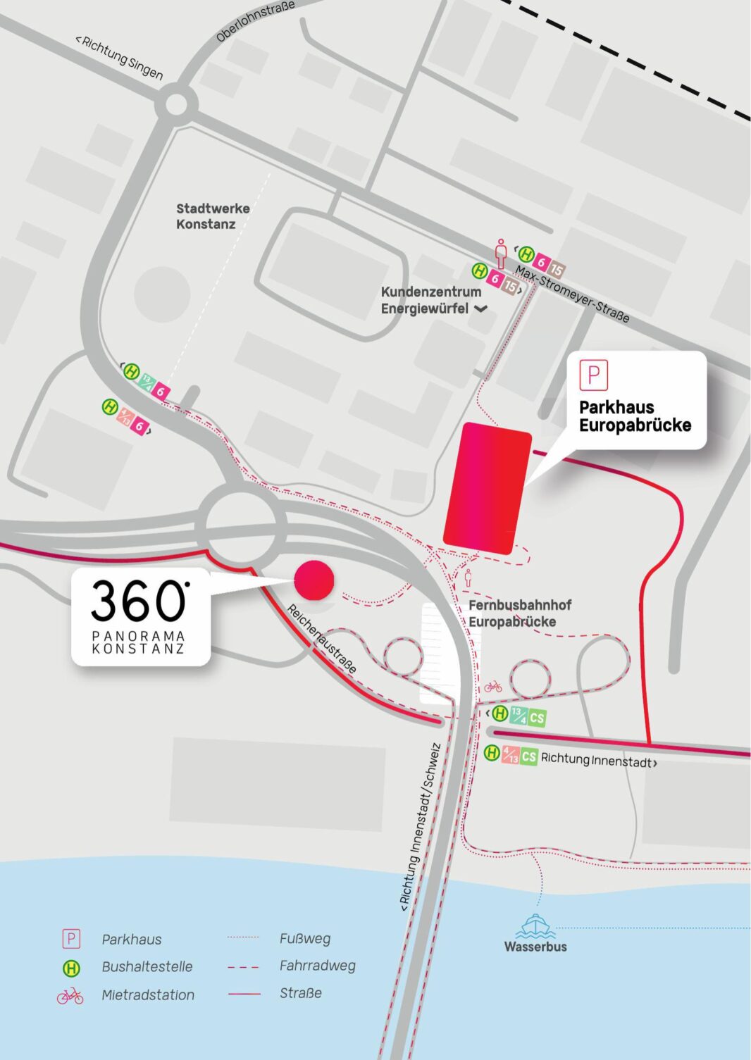 Map showing the Europabrücke area in Konstanz with 360° Panorama Konstanz, parking, bus stops, and route directions.